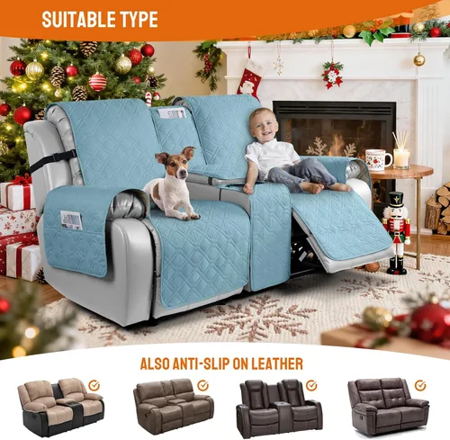 Vista 5 de VANSOFY Funda para Sofá de Dos Plazas Reclinable con Consola 100% Impermeable Fundas de Sofá Antideslizantes Funda de Sofá Reclinable Dividida Azuree