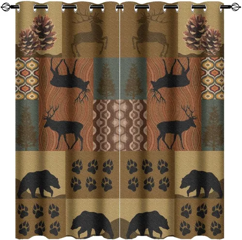Vista 54 de Cortinas de oscurecimiento estilo campestre con osos, alces y ciervos, cortinas opacas para ventanas con ojales, tratamiento de ventanas eficiente