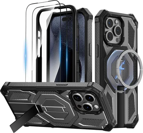 Vista 13 de Funda magnética para iPhone 15 con soporte y protector de pantalla [compatible con Magsafe] antideslizante, cuerpo completo, doble capa, resistente