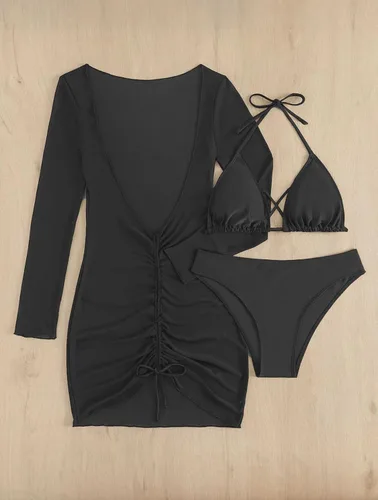 Vista 7 de SherryDC Traje de baño sexy de 3 piezas para mujer, conjunto de bikini triangular con cuello halter y manga larga, traje de baño con cordón