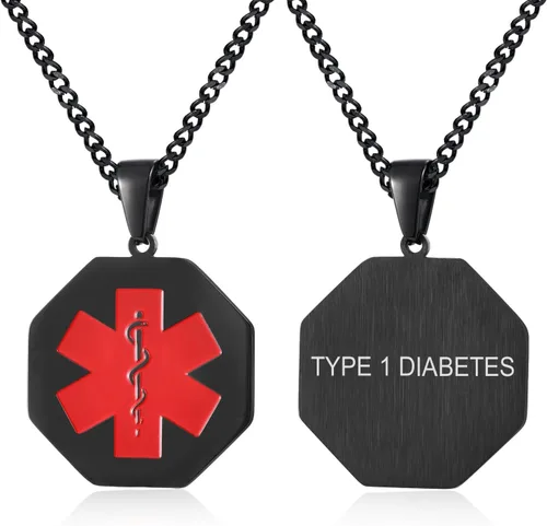 Vista 98 de VNOX Collar con colgante personalizado de acero inoxidable con grabado personalizado para identificación de alerta médica de emergencia para hombres