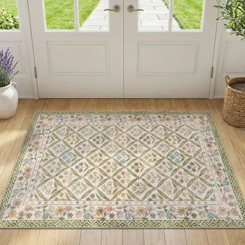 Vista 23 de jinchan Haden - Alfombra de entrada de 2 x 3 pulgadas, diseño floral vintage, lavable, suave, antideslizante, de pelo bajo, para puerta, cocina