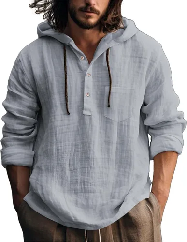 Vista 24 de Camisas de lino para hombre, ligeras, con botones, de manga larga, con capucha, ajuste regular, de algodón, para la playa