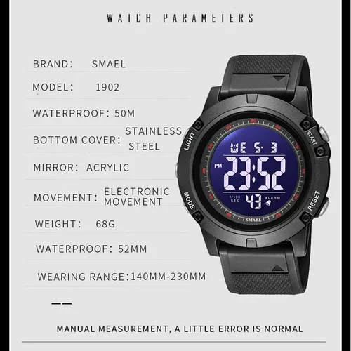 Vista 5 de SMAEL Reloj digital impermeable para hombre con luz LED, cronómetro, multifunción, reloj de pulsera para hombre