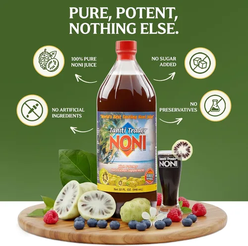 Vista 3 de Tahiti Trader Jugo original de noni de alta potencia, jugo de fruta puro de noni con arándanos y frambuesa, superalimento antioxidante orgánico que