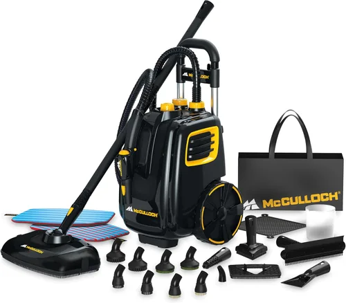Vista 10 de McCulloch MC1230 - Limpiadora de vapor de mano, tiempo de ejecución de 10 minutos, 11 accesorios: boquilla de chorro, cepillos y más - Construido