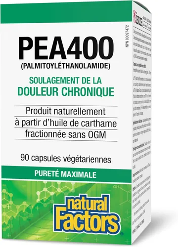Vista 3 de Natural Factors PEA400 - Palmitoiletanolamida pura para alivio, apoya el sistema nervioso y las molestias ocasionales, sin OMG, 90 cápsulas