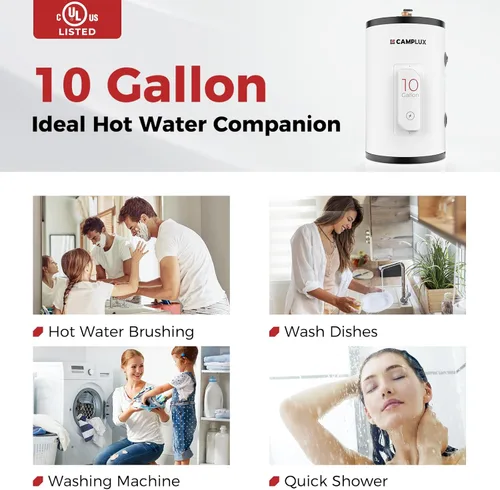 Vista 2 de CAMPLUX - Calentador de agua eléctrico de tanque de 10 galones, calentador de agua caliente de punto de uso (ME100B) 120 V 1500 W, más fácil de usar