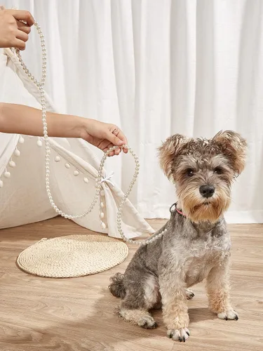 Vista 2 de QWINEE Correa para mascotas con cuentas de perlas, correa elegante para cachorros, correa para mascotas con ganchos bloqueables para perros pequeños