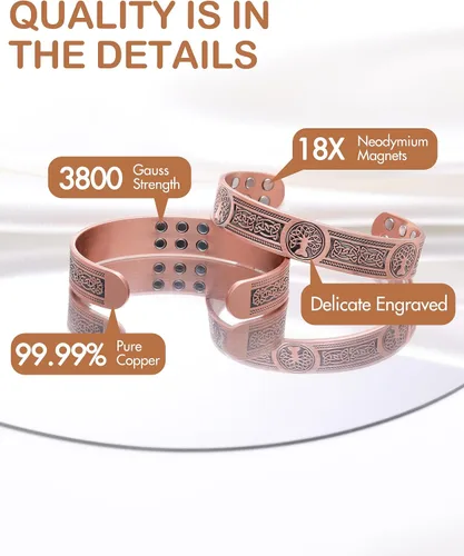 Vista 5 de Feraco Pulsera de cobre para hombre, alivio del dolor, pulsera magnética de fuerza mejorada 18X con imanes de neodimio, regalo de joyería de cobre
