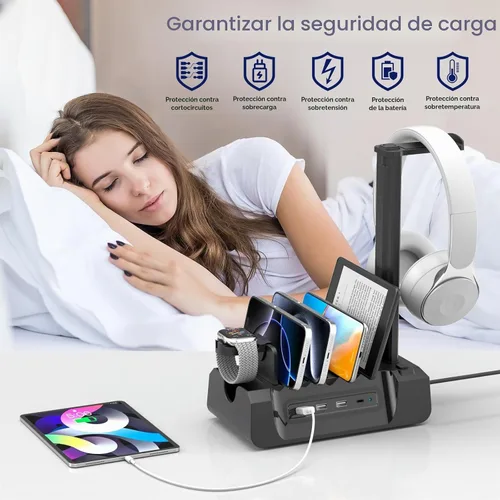 Vista 6 de Estación de carga KDD con 6 cables de carga - Estación de carga rápida 6 en 1 para celular con soporte para auriculares y soporte para reloj - 2