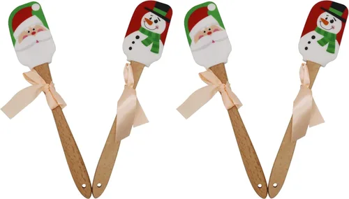 Vista 8 de Espátula de silicona de Navidad, juego de 2, espátula grande de Papá Noel y muñeco de nieve con mango de madera, ideal para decoración de Navidad