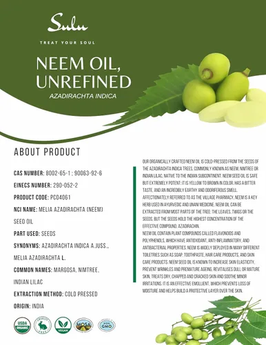 Vista 2 de SULU ORGANICS 100% puro orgánico sin refinar virgen prensado en frío aceite de neem 8 fl.oz