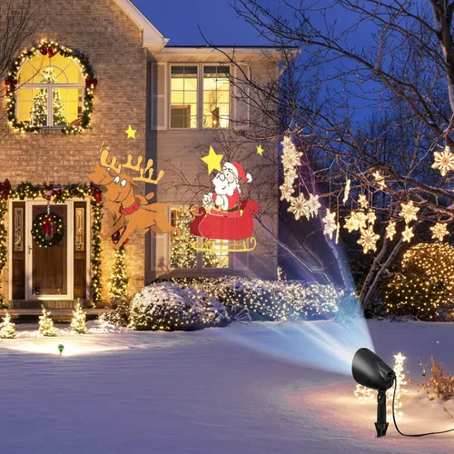 Vista 8 de Goplus Proyector de luces de Navidad al aire libre, lámpara de proyección LED de Papá Noel en trineo con ángulo ajustable de 65°, estaca de césped