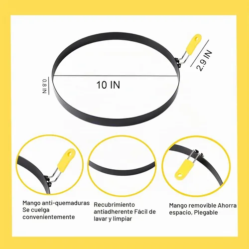 Vista 3 de Anillo de tortilla extra grande de 10 pulgadas para plancha, anillo de huevo de panqueques de acero inoxidable con mango de silicona, accesorio