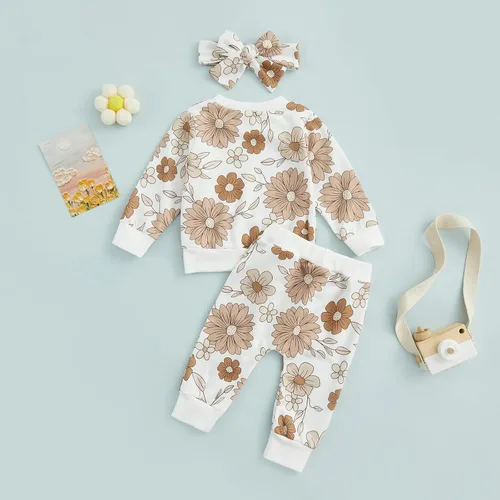 Vista 4 de AEEMCEM Conjunto de sudadera de manga larga con diseño floral de calabaza y diadema para bebé niña