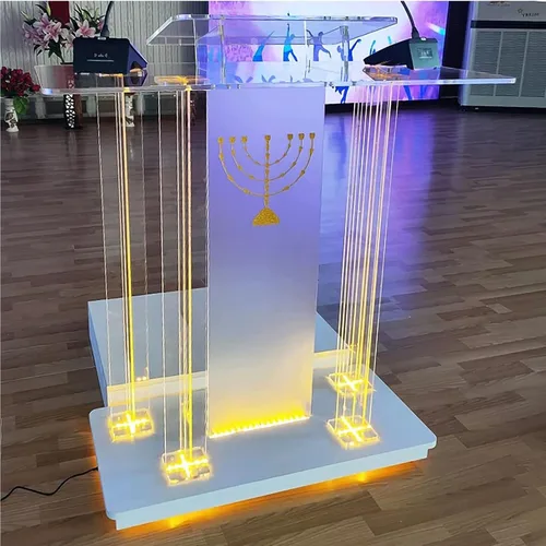 Vista 3 de Mesa de púlpito rodante, podio acrílico transparente con ruedas, atril LED púlpito con ruedas, mesa de invitados de recepción, escritorio