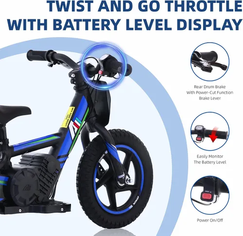 Vista 4 de Bicicleta eléctrica ligera AIII para niños, motocicleta eléctrica de 170/340W hasta 10/12MPH, batería desmontable de 24V, frenos duales operados a
