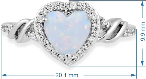 Vista 2 de Jewelili Anillo de promesa de plata de ley de 0.276in con diseño de ópalo y corazón de zafiro blanco creado redondo, Metal, Ópalo creado