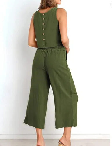 Vista 2 de InterNos Conjunto de 2 piezas de verano para mujer, sin mangas, con botones en la espalda, pantalones cortos de pierna ancha, conjunto de lino