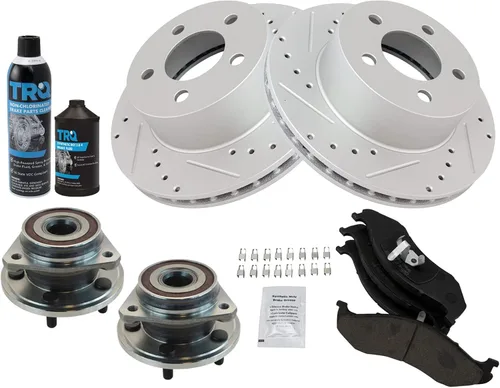 Vista 2 de TRQ Kit de pastillas de freno delantero y rotor de cerámica con revestimiento en G ranurado X perforado compatible con Jeep Cherokee 1990-1998