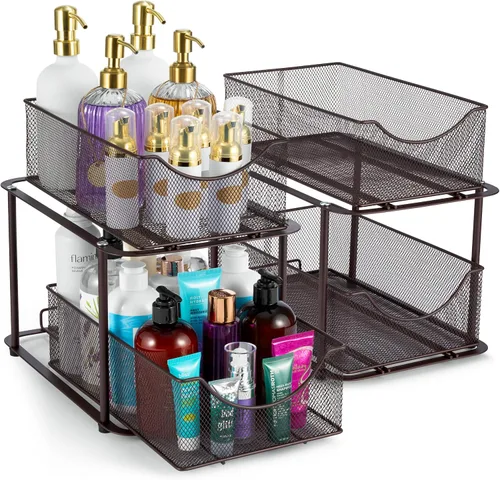 Vista 11 de Sorbus Organizador de metal para debajo del fregadero de 2 niveles para baño, cocina, cajones deslizantes de malla de acero fuerte para debajo