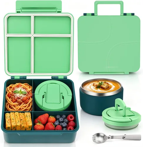 Vista 11 de MAXSO Set de Lonchera Bento para Niños con Termo de Sopa de 8 oz, Envase para Comida Caliente a Prueba de Fugas con 4 Compartimentos, Tarro