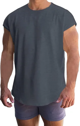 Vista 6 de Camiseta de manga casquillo para hombre, camiseta sin mangas para gimnasio, fisicoculturismo, atlética, corte muscular, ajuste holgado, verano