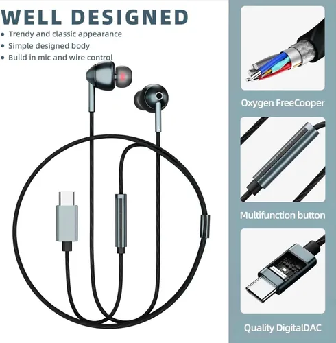 Vista 6 de Auriculares con cable USB-C con micrófono, control de volumen, cancelación de ruido, compatibles con Samsung Galaxy S24 S23 S22, iPhone 15, Paquete