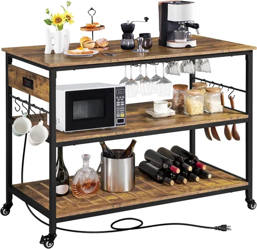 Vista 11 de Yaheetech Carrito de isla de cocina con toma de corriente, carritos de cocina con ruedas con almacenamiento, soporte de microondas de 3 niveles
