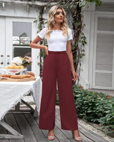 Vista 5 de GRAPENT - Pantalones de pierna ancha para mujer, pantalones de vestir holgados de tiro alto para oficina, trabajo, negocios o uso informal
