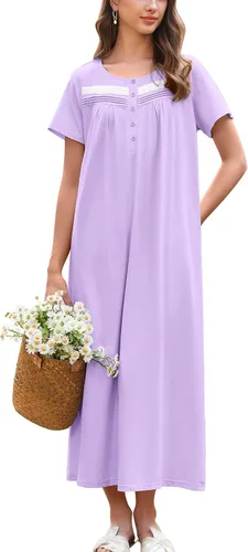 Vista 6 de Ekouaer Camisón para Mujeres de Algodón Camisón Largo de Noche Camisón de Manga Corta con Bolsillos Camisón con Botones Ropa de Dormir Suave