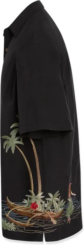Vista 6 de Bamboo Cay Camisa de campamento tropical con botones bordados y manga corta para hombre Dancing Hula Negro