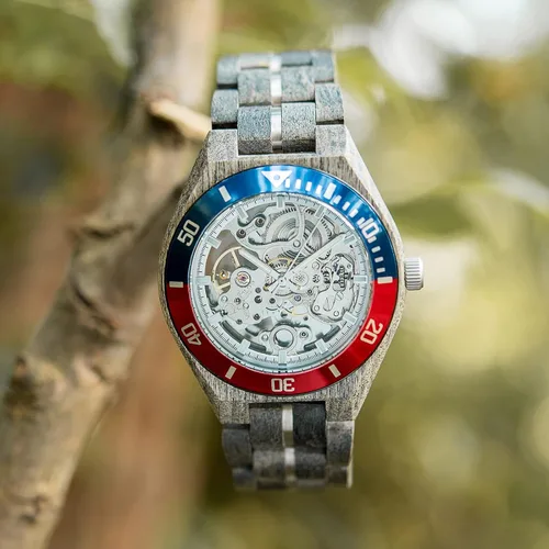Vista 2 de 2win Reloj mecánico de madera para hombre, diseño de esqueleto, esfera transparente, acero inoxidable y madera de arce, logotipo personalizado, idea