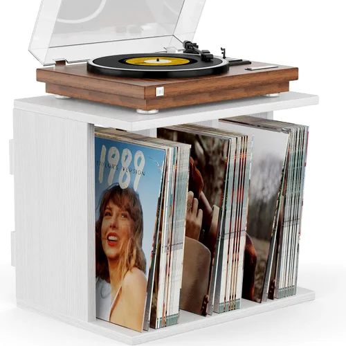 Vista 9 de Emfogo Vinyl Record Storage, Record Player Stand Wall Mount Up to 80-100 Albums, 3-Compartment Vinyl Record Holder, Black Negro
