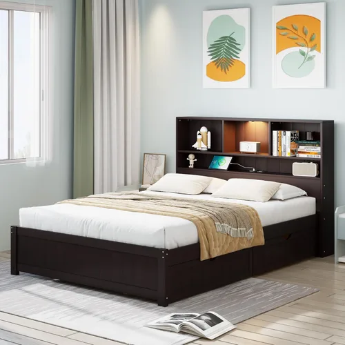 Vista 4 de MERITLINE Cama individual con cabecera de almacenamiento, cajones, estación de carga y luces LED, plataforma de madera con estantería