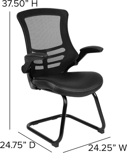 Vista 2 de EMMA + OLIVER Silla de recepción lateral con base de trineo de malla negra con asiento LeatherSoft y brazos abatibles