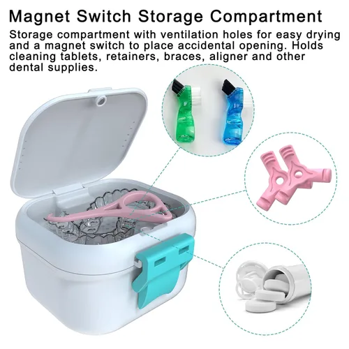 Vista 4 de ARGOMAX Taza de baño de prótesis a prueba de fugas, caja de dentadura portátil para remojo, caja de baño de dentadura con colador, para dentaduras