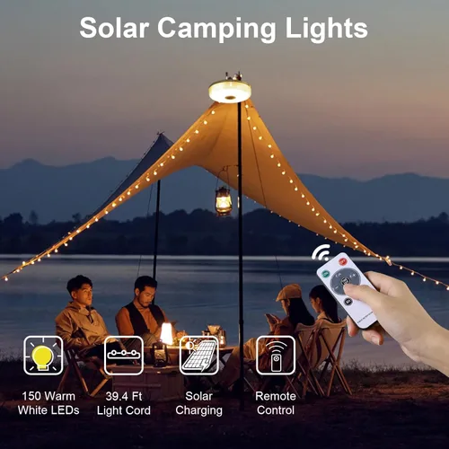 Vista 2 de Guirnalda de luces solares para campamento, 39.4 pies, portátil, impermeable, con 8 modos de iluminación, funciona con energía solar y recargable