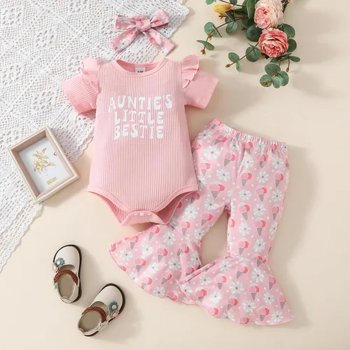 Vista 72 de Sejardin Ropa de verano para bebé y niña, recién nacida, manga corta, con letras, mameluco elástico con diadema