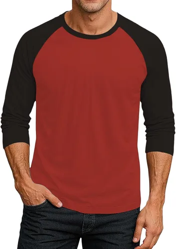 Vista 8 de Camiseta de béisbol raglán para hombre, manga larga, cuello redondo, tela ligera que absorbe la humedad para uso casual