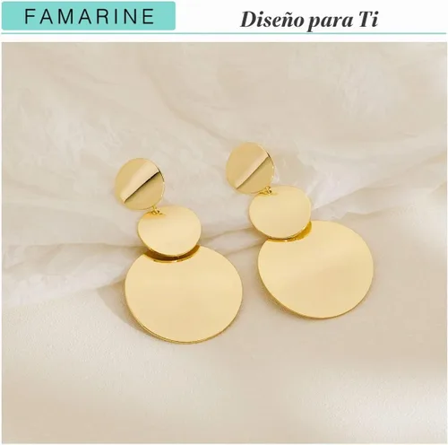 Vista 5 de FAMARINE Pendientes colgantes de disco dorado y plata para mujer