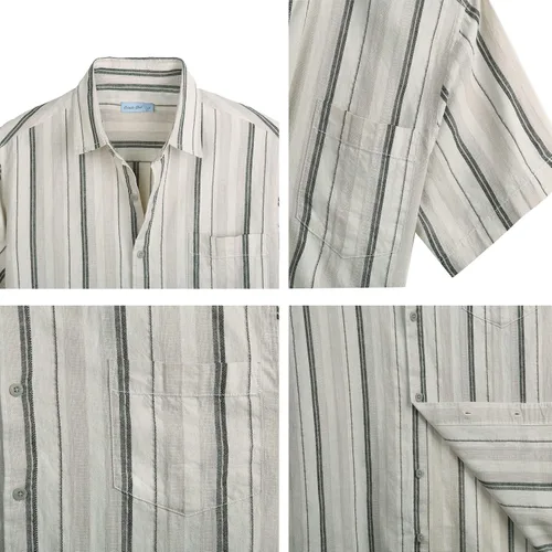 Vista 3 de COEVALS CLUB Camisas casuales de lino de algodón con botones y cuello extendido de manga corta para hombre