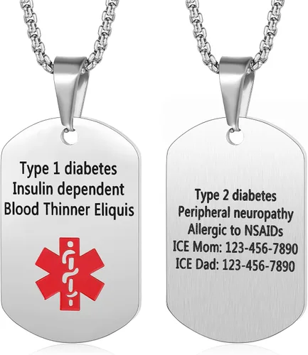 Vista 10 de Jewelstruck Collar de alerta médica para mujeres y hombres, etiquetas de identificación de emergencia, collar de doble cara, grabado gratuito