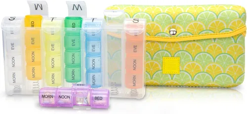 Vista 7 de Made Easy Kit Pastillero grande para 7 días/28 compartimentos en neopreno con pastillero de almacenamiento diario en la mañana, mediodía, víspera