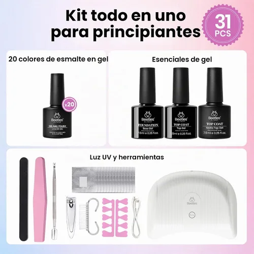 Vista 3 de Beetles - Kit de esmalte de uñas de gel con luz UV, 20 colores, juego de 31