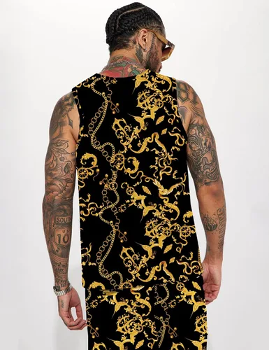 Vista 2 de JoZorro Conjunto de camiseta sin mangas con estampado floral para hombre, camiseta deportiva casual con estampado de lujo, ropa deportiva hawaiana