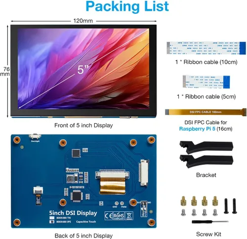 Vista 7 de Hosyond Pantalla táctil IPS MIPI DSI de 5 pulgadas compatible con Raspberry Pi 5/4/3, pantalla capacitiva de 800 x 480 píxeles, interfaz sin