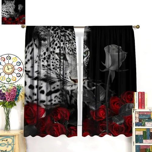 Vista 7 de Cortinas de ventana de leopardo con rosas rojas, tratamiento de ventana de vida silvestre africana para niños y niños, cortinas de ventana