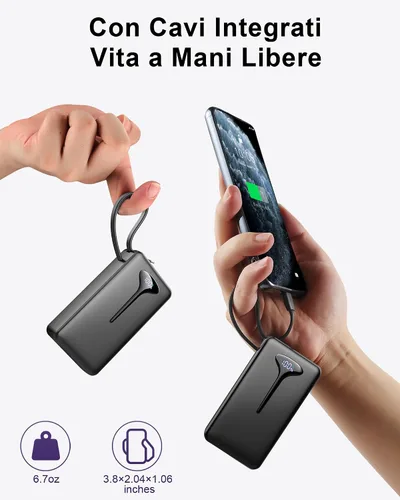 Vista 3 de Banco de energía de 10000mAh, Cargador portátil USB C 2025, Banco de energía de carga rápida de 22.5W con cable incorporado, Cargador de teléfono
